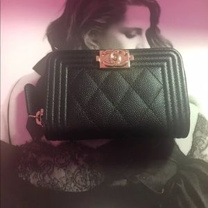 New CHANEL BOY Caviar Coin Purse W/ Gold Hardware